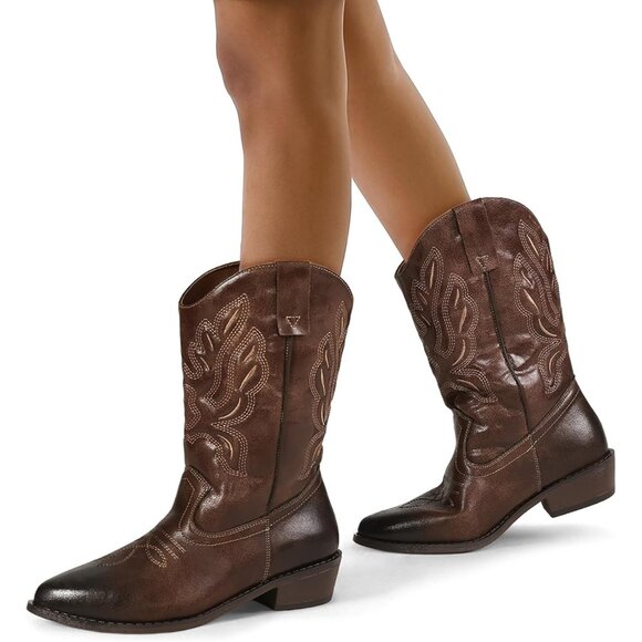 🆕Mysoft Cowboy Heel Boots Women Drak Brown PU Embroidered Mid-Calf Pointed Toe - Picture 6 of 6